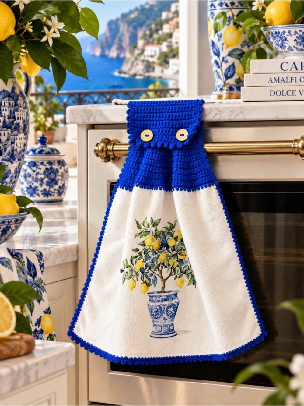 Handmade Crochet Hanging Kitchen Towel Chinoiserie Lemon Tree